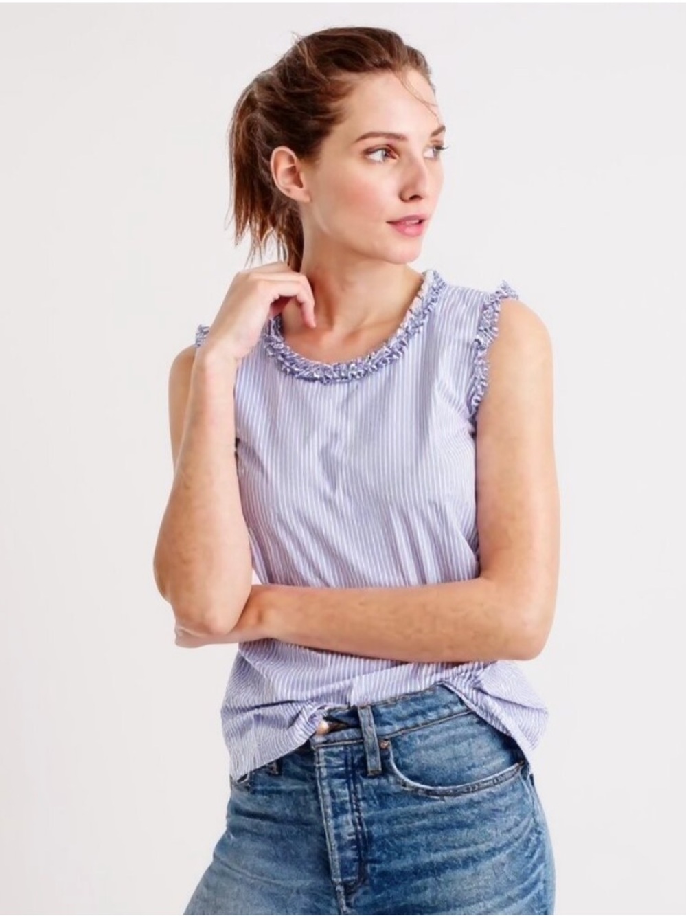 J. Crew blue stripe ruffle trim tie neck sleeveless top womens 10
